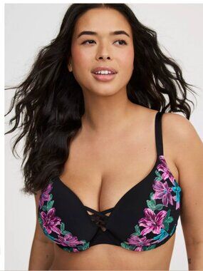 Torrid XO Plunge Push-Up Nova Lace Bra Black with Floral Embroidered Overlay
